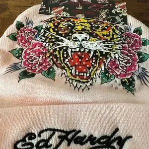 Ed Hardy Pink Tiger Rhinestone Beanie Faux Fur Pom Hat NWT NWT Ed Hardy Screaming Tiger Beanie Pink Rhinestones Faux  main image 3